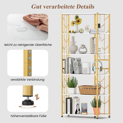 6-Tier Geometric Metal Bookshelf, 80x31x180 cm, White