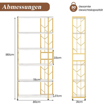 6-Tier Geometric Metal Bookshelf, 80x31x180 cm, White