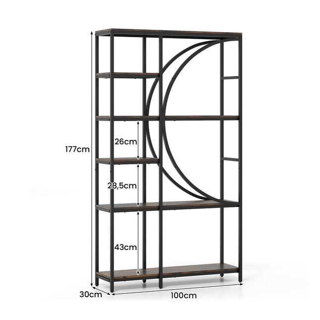 6-Tier Industrial Bookshelf with Open Shelves, Brown