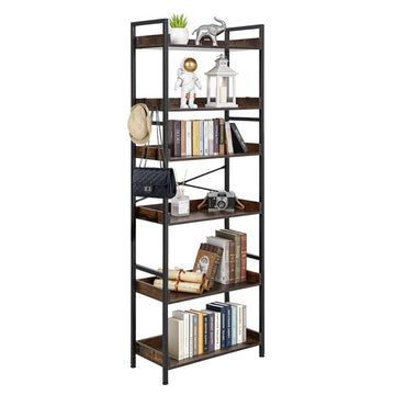 6-Tier Industrial Ladder Bookshelf, Metal Frame, Brown