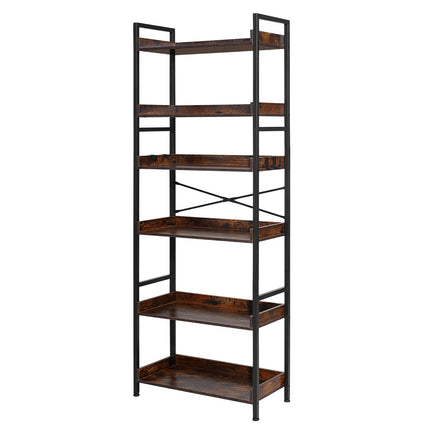 6-Tier Industrial Ladder Bookshelf, Metal Frame, Brown