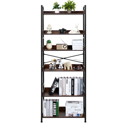 6-Tier Industrial Ladder Bookshelf, Metal Frame, Brown