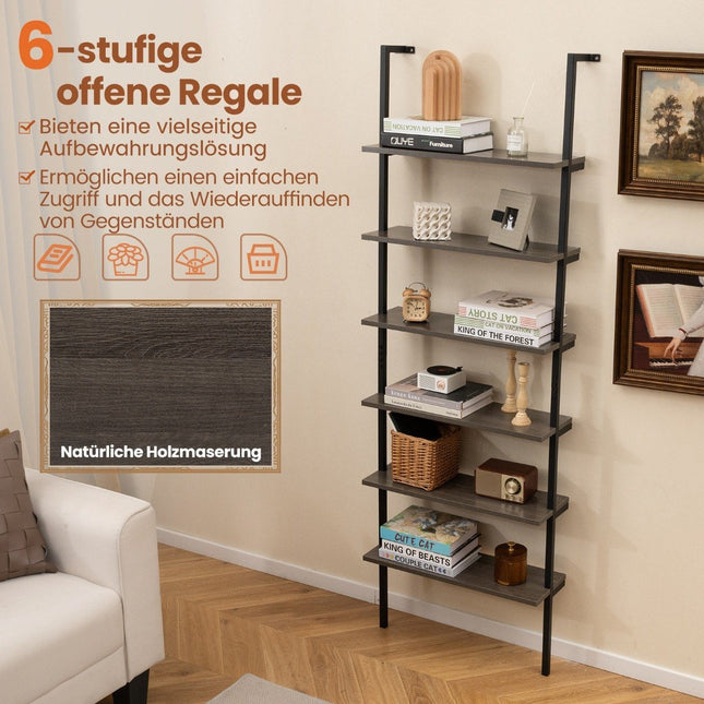 6 Tier Ladder Shelf Wall Mounted Bookcase with Metal Frame Rustic Gray