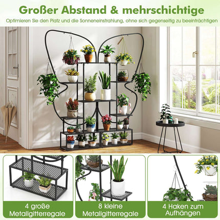 6-Tier Metal Butterfly Plant Stand with Hooks – Black