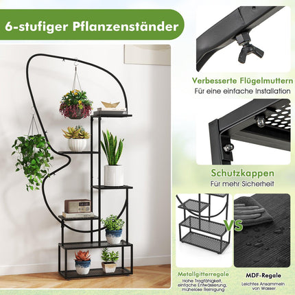 6-Tier Metal Butterfly Plant Stand with Hooks – Black