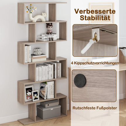 6-Tier S-Shape Bookshelf, Grey, 80x23x191 cm