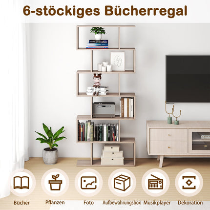 6-Tier S-Shape Bookshelf, Grey, 80x23x191 cm
