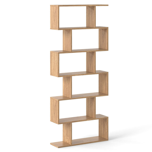 6-Tier S-Shaped Bookshelf, Freestanding Divider, Wood