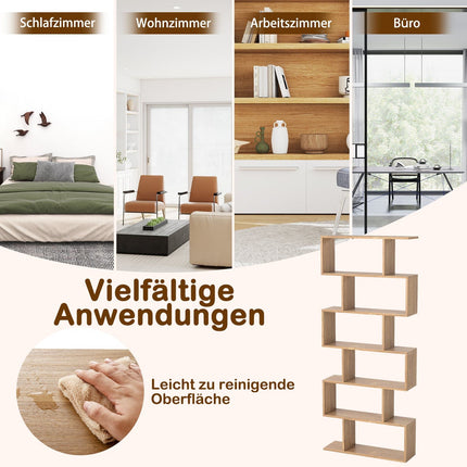 6-Tier S-Shaped Bookshelf, Freestanding Divider, Wood