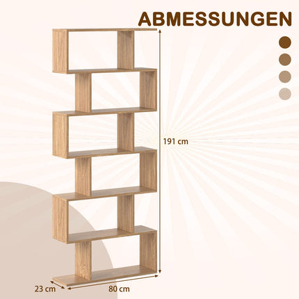 6-Tier S-Shaped Bookshelf, Freestanding Divider, Wood