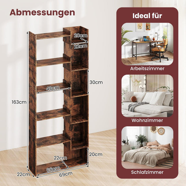 6-Tier Wooden Bookshelf with 11 Shelves, 163 cm