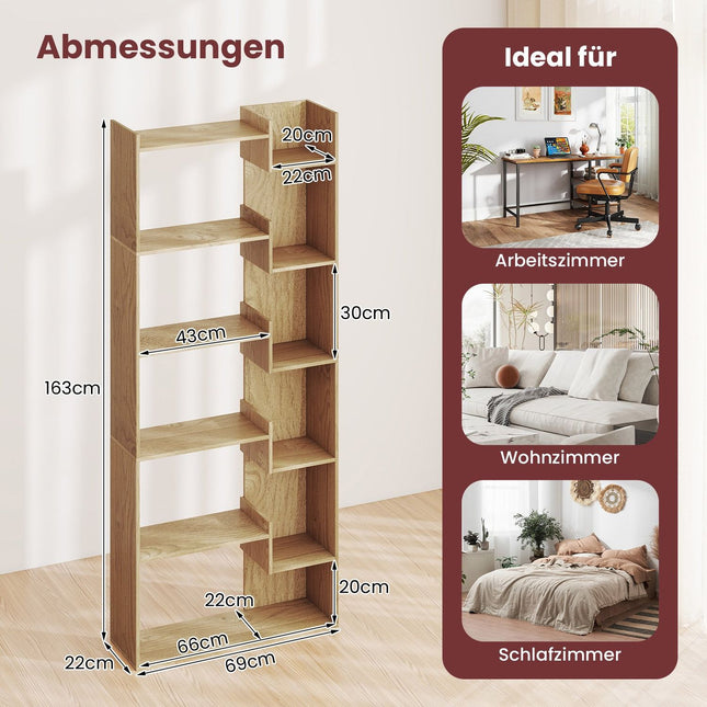 6-Tier Wooden Bookshelf with 11 Shelves, 69x22x163 cm