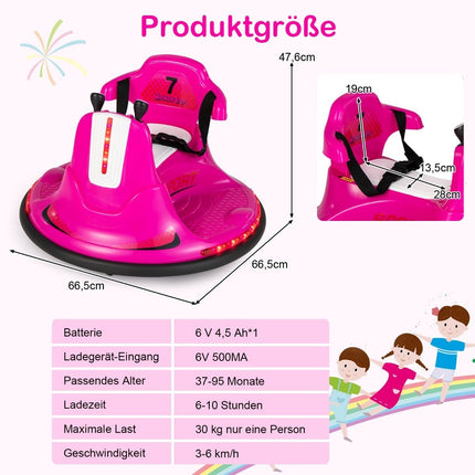 6V Children's Bumper Car 360 Degree Rotation with Music & Colorful LED Lights Pink