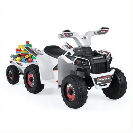 6V Kids Electric ATV with Trailer, Durable Wheels, White
