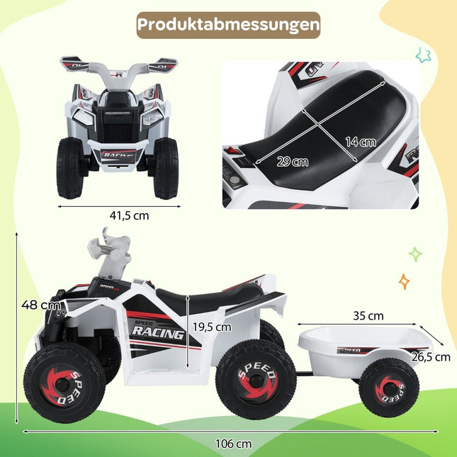 6V Kids Electric ATV with Trailer, Durable Wheels, White