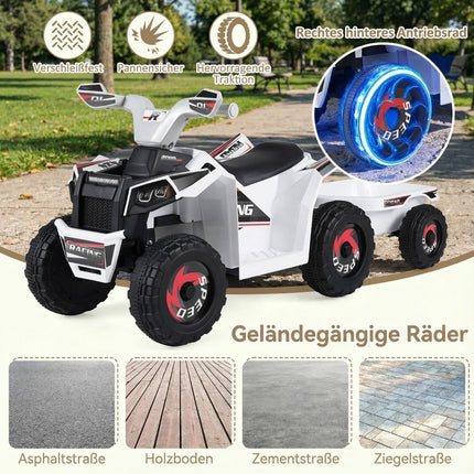 6V Kids Electric ATV with Trailer, Durable Wheels, White