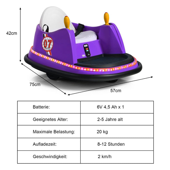 6V Kids Electric Bumper Car with Lights & Music, Purple