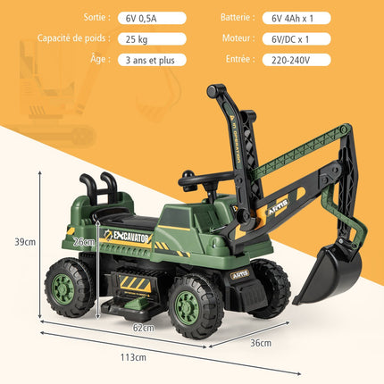 6V Kids Ride-On Digger, Rotating Seat, Music