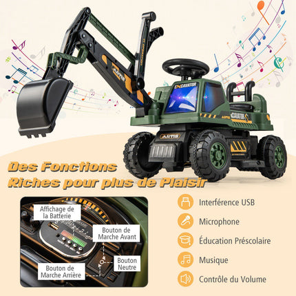 6V Kids Ride-On Excavator, Rotating Seat, Music