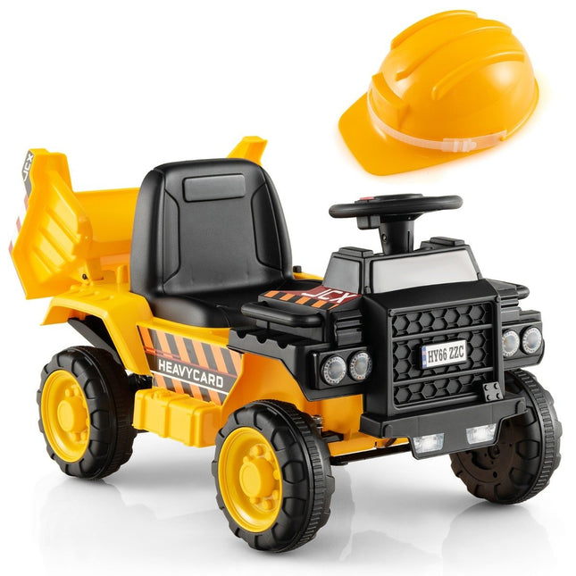 6V children's dump truck with protective helmet up to 2.5km/h for children from 18 months yellow