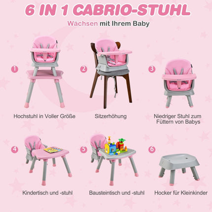 6-in-1 Baby High Chair High Chair & Dining Chair & Learning Table & Building Block Table 58 x 58 x 98 cm Pink