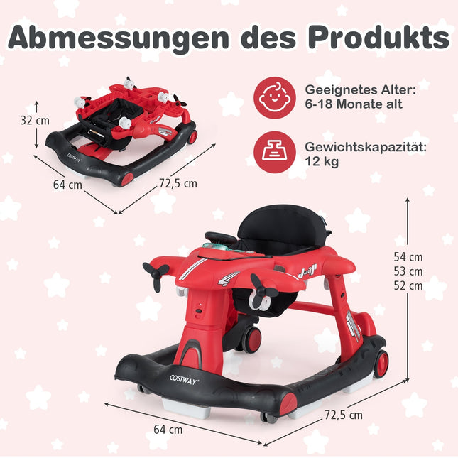 6-in-1 Baby Walker with Adjustable Height, Red