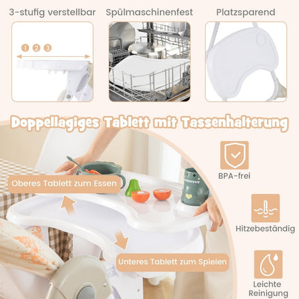 6 in 1 Convertible Baby High Chair with Reclining Functions &amp; Double Tray Folding High Chair Beige