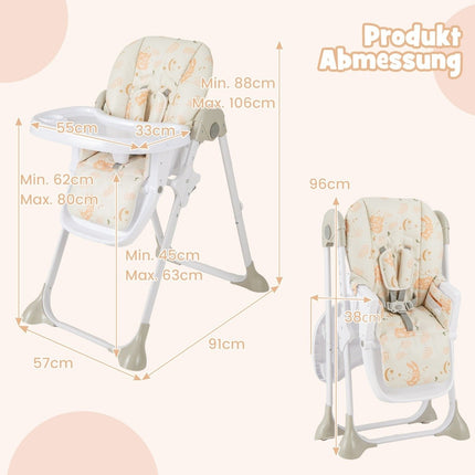 6 in 1 Convertible Baby High Chair with Reclining Functions &amp; Double Tray Folding High Chair Beige