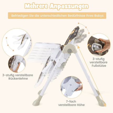 6 in 1 Convertible Baby High Chair with Reclining Functions &amp; Double Tray Folding High Chair Brown