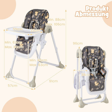6 in 1 Convertible Baby High Chair with Reclining Functions &amp; Double Tray Folding High Chair Brown
