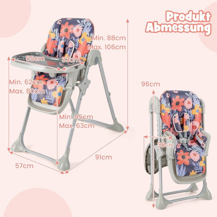 6 in 1 Convertible Baby High Chair with Reclining Functions &amp; Double tray folding high chair flowers