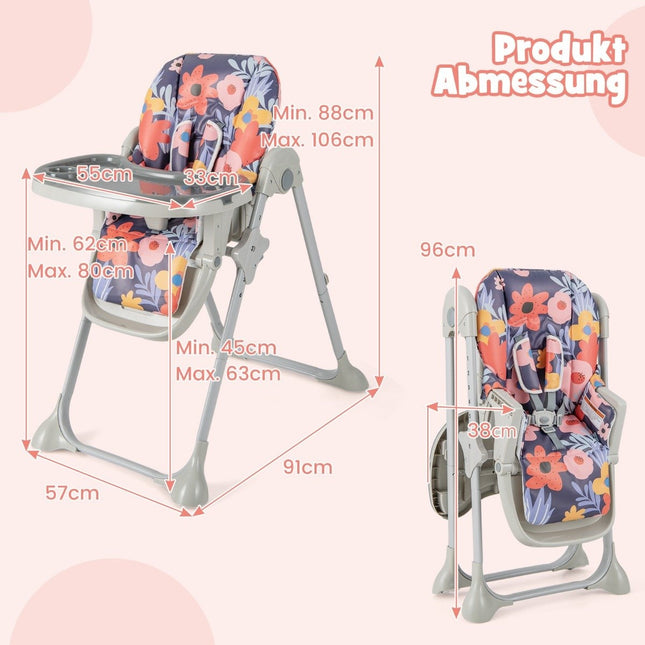 6 in 1 Convertible Baby High Chair with Reclining Functions &amp; Double tray folding high chair flowers