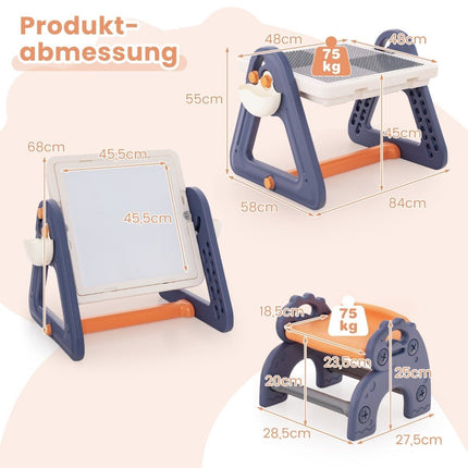 6 in 1 Folding Drawing Table with Chair & Easel Multifunctional Game Table with 160 Building Blocks