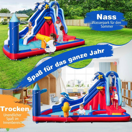 6 in 1 Inflatable Bouncy Castle with Climbing Wall & Splash Pool & Water Cannon & Basketball Hoop