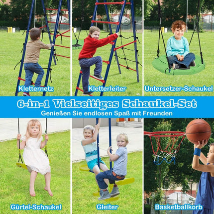 6 in 1 Swing Set with 2 Swings Glider Seats Climbing Net Climbing Ladder and Basketball Hoop 336 x 140 x 176 cm Red + Blue
