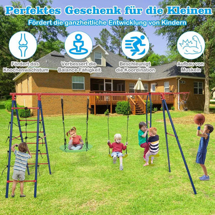 6 in 1 Swing Set with 2 Swings Glider Seats Climbing Net Climbing Ladder and Basketball Hoop 336 x 140 x 176 cm Red + Blue