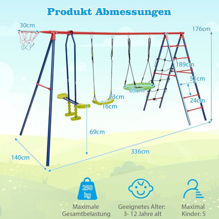 6 in 1 Swing Set with 2 Swings Glider Seats Climbing Net Climbing Ladder and Basketball Hoop 336 x 140 x 176 cm Red + Blue