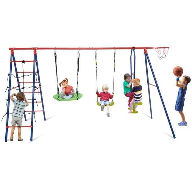 6 in 1 Swing Set with 2 Swings Glider Seats Climbing Net Climbing Ladder and Basketball Hoop 336 x 140 x 176 cm Red + Blue