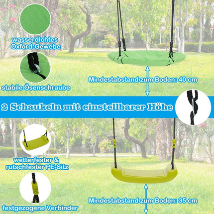 6 in 1 Swing Set with 2 Swings Glider Seats Climbing Net Climbing Ladder and Basketball Hoop 336 x 140 x 176 cm Red + Blue