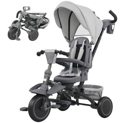 6-in-1 Toddler Tricycle, Adjustable Seat, Foldable, Gray