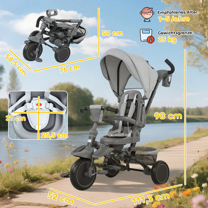 6-in-1 Toddler Tricycle, Adjustable Seat, Foldable, Gray
