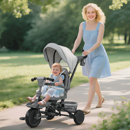 6-in-1 Toddler Tricycle, Adjustable Seat, Foldable, Gray