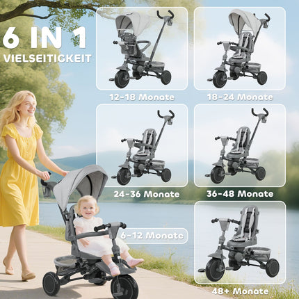 6-in-1 Toddler Tricycle, Adjustable Seat, Foldable, Gray
