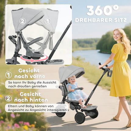 6-in-1 Toddler Tricycle, Adjustable Seat, Foldable, Gray