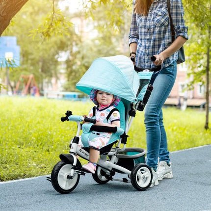 6-in-1 driewieler met duwstang, kinderdriewieler met afneembare zonnekap, kussen, loopfiets met 5-puntsveiligheidsgordel, mand, bekerhouder, voor 1-5 jaar kinderen, groen Aosom