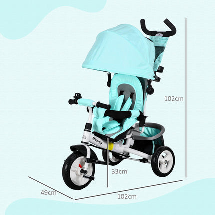 6-in-1 driewieler met duwstang, kinderdriewieler met afneembare zonnekap, kussen, loopfiets met 5-puntsveiligheidsgordel, mand, bekerhouder, voor 1-5 jaar kinderen, groen Aosom