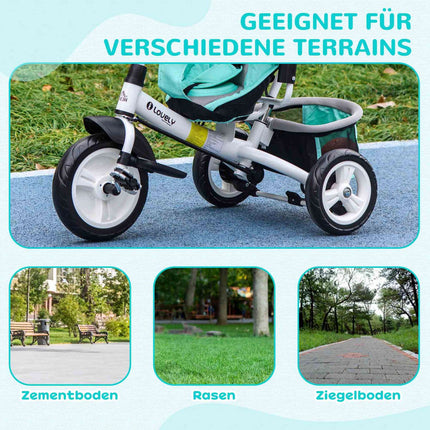 6-in-1 driewieler met duwstang, kinderdriewieler met afneembare zonnekap, kussen, loopfiets met 5-puntsveiligheidsgordel, mand, bekerhouder, voor 1-5 jaar kinderen, groen Aosom