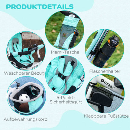 6-in-1 driewieler met duwstang, kinderdriewieler met afneembare zonnekap, kussen, loopfiets met 5-puntsveiligheidsgordel, mand, bekerhouder, voor 1-5 jaar kinderen, groen Aosom