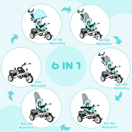 6-in-1 driewieler met duwstang, kinderdriewieler met afneembare zonnekap, kussen, loopfiets met 5-puntsveiligheidsgordel, mand, bekerhouder, voor 1-5 jaar kinderen, groen Aosom