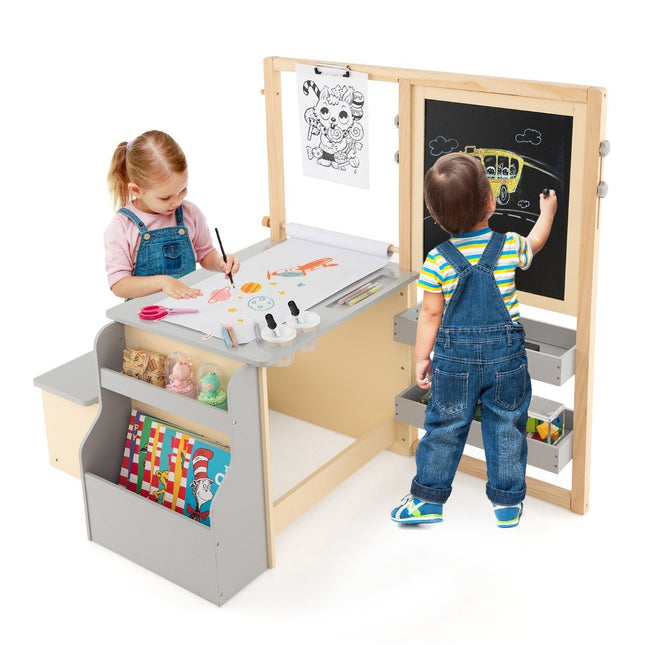 6 in 1 children's easel set with double-sided chalkboard & whiteboard & paper roll gray